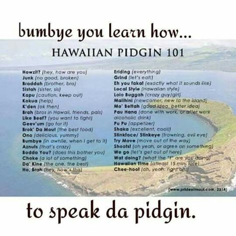 Pidgin 101 hawaiian style Olelo Hawaii, Hawaii Language, Hawaiian Words And Meanings, Hawaiian Pidgin, Hawaii Quotes, Pidgin English, Hawaiian Phrases, Hawaiian Quotes, Hawaiian Mythology