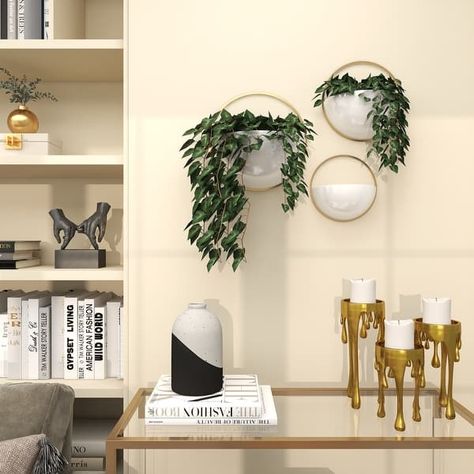 White, Gold or Black Metal Indoor Outdoor Round Geometric Wall Planter (Set of 3) - On Sale - Bed Bath & Beyond - 32086094 Product Display Wall, Wall Plants Indoor, Wall Planters Outdoor, Metal Wall Planters, Wall Planters Indoor, Dining Room Inspo, Plant Wall Decor, Hanging Plant Holder, Kids Headboard