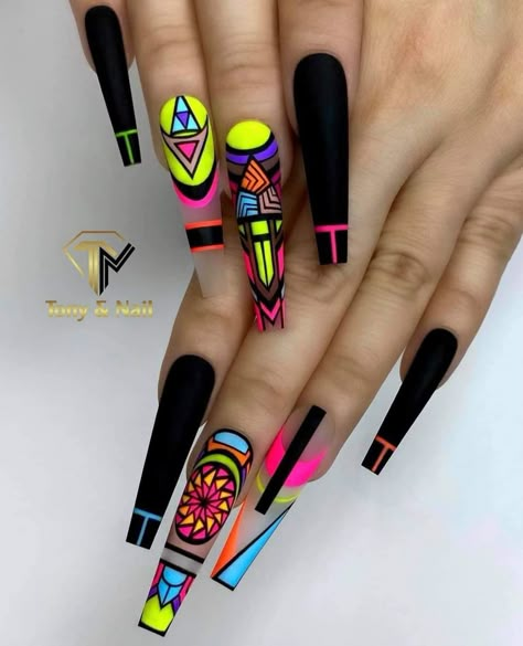 Cute Long Nail Designs, Long Nail Ideas, Rasta Nails, Art Deco Nails, Gothic Nails, Fancy Nails Designs, Long Nail Designs, Long Nail, Dope Nail Designs