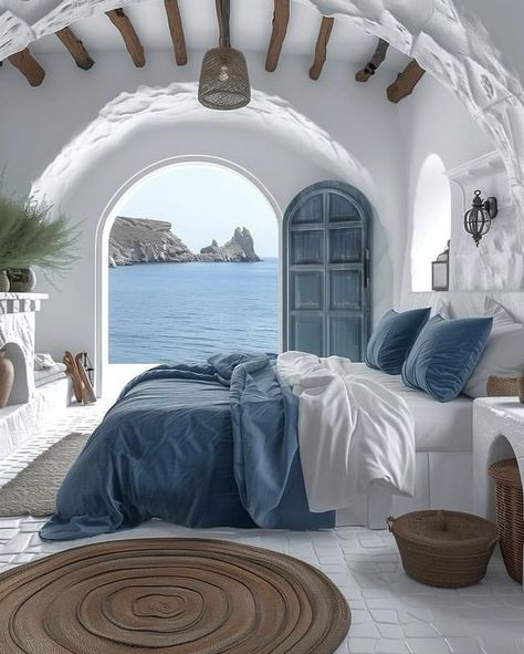 Medatrainian Bedroom, Old Greek House Interior, Greek Aesthetic Interior, Greek Summer House Interiors, Greek Room Ideas, Greek House Bedroom, Whimsical Beach Bedroom, Greece Style Home Interior Design, Santorini Greece Interior Design