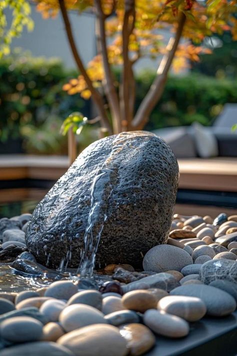 River Rock Fountain Ideas for Tranquil Gardens Rock Wall Water Feature, Rock Fountains Outdoor, Rock Fountain Ideas, Fountain Decoration Ideas, Tree Stump Fountain, Bubbling Rock Fountain, Backyard Fountain Ideas, Rock Water Feature, Diy River Rock