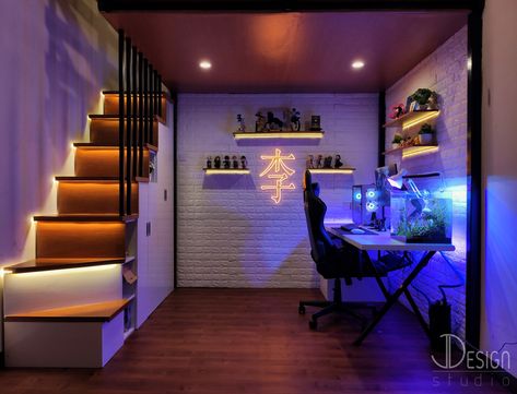 Loft Bed Minimalist Small Spaces, Loft Bed With Gaming Desk, Loft Bed For Gamers, Modern Loft Bed Ideas For Small Rooms, Loft Bed With Gaming Setup, Gaming Room Loft Bed, Small Loft Room Ideas Bedrooms, Gaming Room With Bed, Bedroom Loft Ideas For Adults