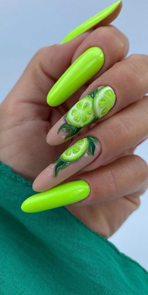 summer nails, citrus nails, bright summer nails, yellow nails, fruit nails, summer nail art, nail art, summer nail designs, citrus nail art, summer nails trend Lime Nails, Ballerina Acrylic Nails, Lime Green Nails, Fruit Nail Designs, Flame Nail Art, Fruit Nails, Lemon Nails, Fruit Nail Art, Nail Art Diy Easy