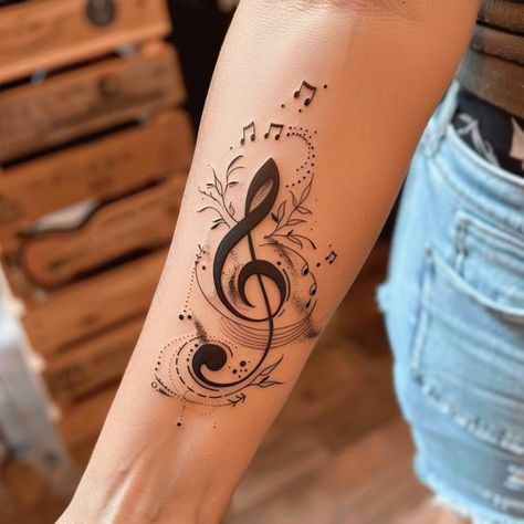 Wrist Tattoos For Women Floral, Music Tattoo Arm, Music Tattoos For Women Beautiful, Music Notes Tattoo Designs, Music Wrist Tattoos, Music Heart Tattoo, Feminine Forearm Tattoo, Musical Tattoos, Music Lover Tattoo