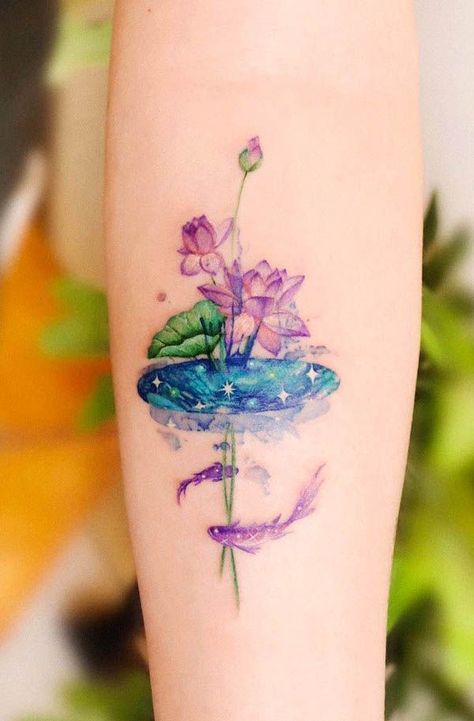 Watercolor Tattoo Artists, Small Watercolor Tattoo, Small Lotus Tattoo, Tattoos On Back, Water Lily Tattoos, Lillies Tattoo, Tato Dengan Makna, Our Mindful Life, Lotus Tattoo Design