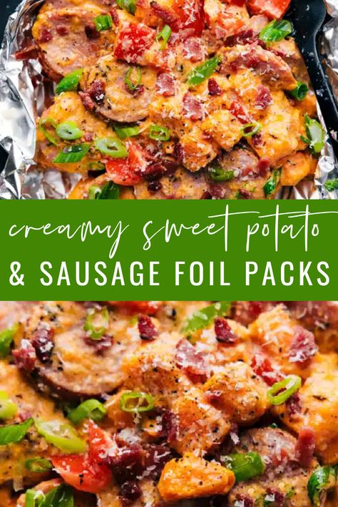 Creamy Sweet Potato and Sausage in Foil Packs featuring tender sweet potatoes, smoky sausage, and a luscious, savory cream sauce! These foil packs are bursting with flavor and sure to become a new favorite in your household. The best part? Cleanup is a breeze! #dinner #quick #easy #simple #familyfriendly #kidfriendly #nocleanup #easycleanup #camping #campingfood #campinginspo #creamy #sweetpotato #sausage #foilpacks Poly Sausage Recipes, Polish Sausage And Sweet Potato Recipes, Smoked Sausage And Sweet Potatoes, Sweet Potato And Sausage Recipes, Recipes With Bulk Sausage, Sweet Potatoes And Sausage, Sausage Foil Packs, Sausage Sweet Potato Recipes, Sweet Potato And Sausage