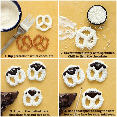 Sheep Pretzels, Shawn Sheep, Sheep Snack, Animal Desserts, Candy Hacks, Easter Pretzel, Lamb Lollipops, Chocolate Covered Graham Crackers, Pastry Ideas