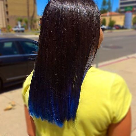 dark brown hair with blue dip dye Hair Tips Dyed Blue, Blue Tips Hair, White Ombre Hair, Blue Brown Hair, Brown Ombre Hair Color, Dipped Hair, Ombre Hairstyles, Balayage Long Hair, The Right Hairstyles