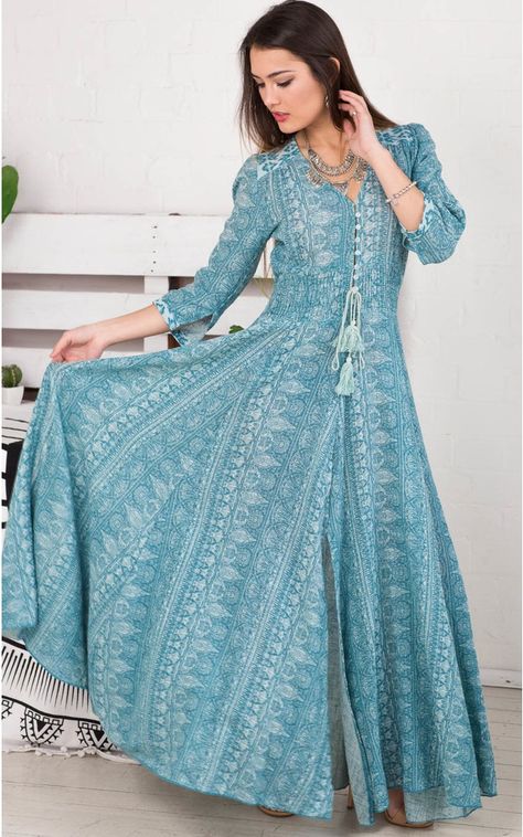 Lone Traveller Maxi Dress In Blue Print | Showpo Latest Maxi Dress Design, Printed Maxi Dress Indian, Lone Traveller, Maxi Dress Indian, Maxi Dress Design, Comfy Clothing, Frock Fashion, Frock For Women, Long Kurti Designs