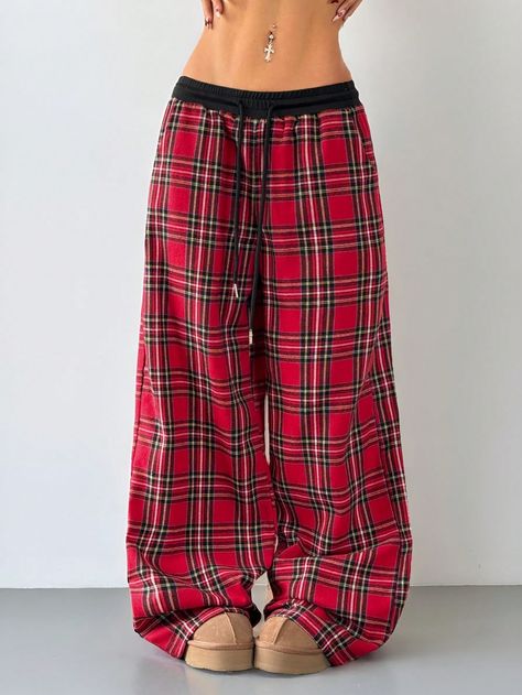 SHEIN Coolane Women's Fall/Winter Y2K Plaid Wide Leg Pants For Christmas | SHEIN USA Y2k Pajamas, Red Pajama Pants, Plaid Wide Leg Pants, Tartan Pants, Pajamas Pants, Red Pajamas, Drawstring Waist Pants, Winter Y2k, Casual Wide Leg Pants