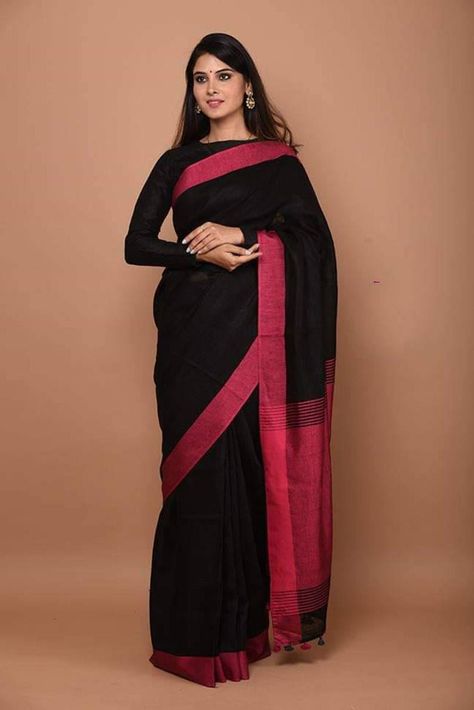 Black Linen Zari Work Linen By linen Saree With Unstitched | Etsy Black Linen Saree, Black Saree With Blouse, Pearl Work Saree, Saree Black, Formal Saree, Sari Design, Grey Saree, Cotton Sarees Online, Linen Sarees