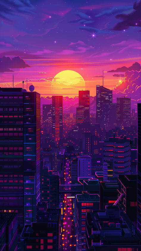 Step into a neon-soaked city at dusk, where purple skies meet glowing skyscrapers. A throwback to the 80s with a video game aesthetic—let nostalgia lead the way.#RetroCity #PixelArt #Synthwave #SunsetVibes #RetroGaming #NeonCity #CityscapeArt #DigitalArt #80sAesthetic Video Game Background Aesthetic, Neon City Aesthetic, Synthwave Wallpaper, Video Game Aesthetic, Retro Synthwave, Synthwave Aesthetic, Soak City, Chill Aesthetic, Miss Marvel