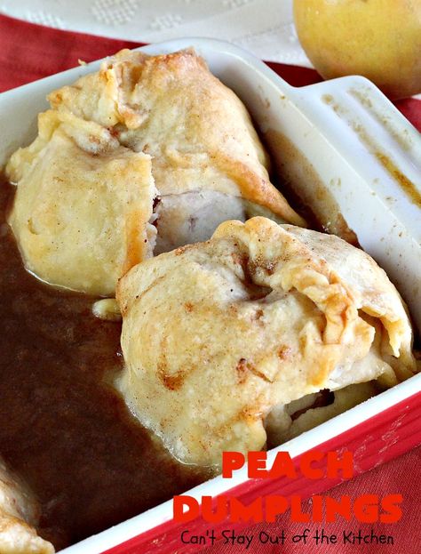 Best Ever Peach Dumplings | Can't Stay Out of the Kitchen | these #peach #dumplings are absolutely irresistible. One bite & you'll be hooked forever! This homemade from scratch recipe is a little more work than some #recipes but it's worth it. Our company always loves it when I make this spectacular #dessert. #holidays #FourthofJuly #LaborDay Peach Dumplings, Apple Dumpling Recipe, Dumpling Dough, Parfait Desserts, Peach Desserts, Peach Pie, Dumpling Recipe, Dessert Dips, Peach Recipe