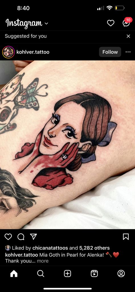 Mia Goth Tattoo, Pearl A24 Tattoo, Conjuring Tattoo Ideas, Re8 Tattoo, Elvira Tattoo Ideas, Pearl Tattoo Movie, Outlast Tattoo, Brittany Broski Tattoo, Girly Horror Tattoo