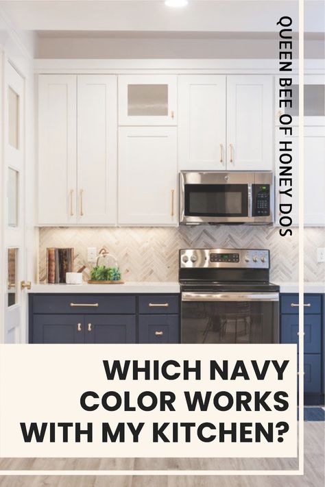 Do you drool when you see navy cabinets but worry that you can't pull it off? Ditch the fear. Here's the best navy options and how to make it work. #paint #color #navy #cabinets Navy Lowers And White Uppers, Navy Base Cabinets White Upper Cabinets, Wall Color For Navy Cabinets, Navy Cabinet Hardware, Navy Lower Kitchen Cabinets, Hardware For Navy Cabinets, Navy Cream Kitchen, Navy Blue Kitchen Cabinets On Bottom White On Top, Best Navy Paint For Cabinets