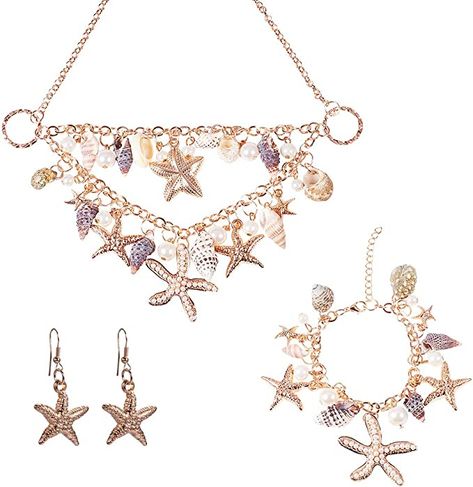 Amazon.com: PH PandaHall 3 in 1 Summer Sea Beach Shell Starfish Pearl Bib Statement Chunky Mermaid Tail Necklace, Bracelets, Shell Earrings Mermaid Costume Jewelry for Women(Gold-plated) : Clothing, Shoes & Jewelry Chunky Mermaid, Mermaid Tail Necklace, Mermaid Look, Mermaid Halloween Costumes, Mermaid Accessories, Starfish Jewelry, Conch Jewelry, Platinum Bracelet, Necklace Gift Box