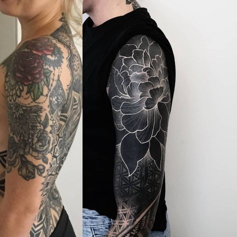 🌺 Cover-up b White Over Black Tattoo, Tatuaje Cover Up, Black Sleeve Tattoo, Magic Tattoo Ideas, All Black Tattoos, Black Tattoo Cover Up, Tattoo Dotwork, Black White Tattoos, Blackout Tattoo