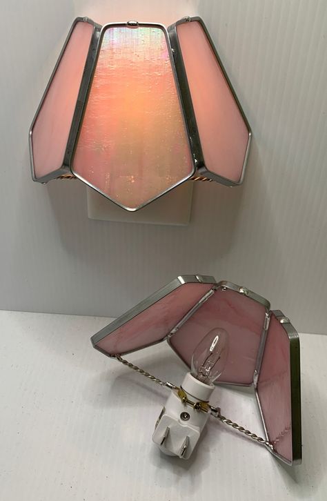 Empire Lampshade 3 Sided Authentic Stained Glass Nightlight  Iridescent Soft Pink Artisan Stained Glass Gorgeous glass with streaky lines, swirls and bubbles. Pink stained glass is almost impossible to find right now. It must be the precious metals they use to make it, but wow this is gorgeous glass. This is our largest nightlight. Oversized approx. 6 inches wide by 5 inches high. Authentic Leaded Stained Glass with Heavy Gauge Twisted Wire underneath for Added Structure. Comes with Gift Box, Gi Stained Glass Lights, Stained Glass Nightlight, Stained Glass Furniture, Stained Glass Ceiling Light, Stained Glass Lampshade, Pink Stained Glass, Stained Glass Night Lights, Stained Glass Lamp Shades, Stained Glass Decor