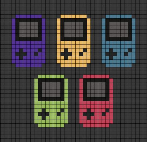 A pixel art, or perler beads template of all 5 Game Boy Colour systems, in the colours of grape (purple), dandelion (yellow), teal (cyan), kiwi (green) and berry (pink).

Works with perler beads. Pixel Art Grid Video Games, 8bit Art Pixel, Nintendo Perler Bead Patterns, Phone Pixel Art, Console Pixel Art, Gameboy Pixel Art, Pixel Art Video Games, Nintendo Cross Stitch, Nintendo Pixel Art