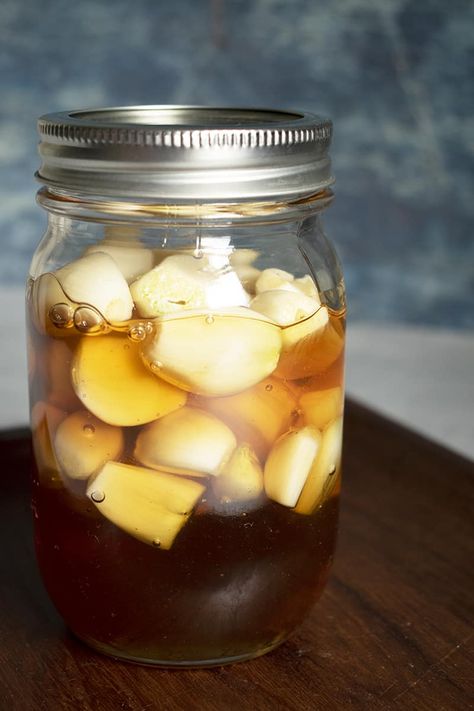 Honey-fermented garlic is the easiest fermented food you can make. It's packed with flavor and healthy gut-bacteria. Get a jar going in under 10 minutes. Garlic In Honey, Fermentation Jar, Fermented Garlic, Garlic And Honey, Fermented Honey, Fermentation Recipes, Honey Mustard Dressing, Gut Bacteria, Ginger And Honey