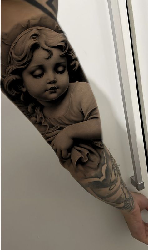 Angel Shoulder Tattoo, Cherub Tattoos, Angel Sleeve Tattoo, Guardian Angel Tattoo Designs, Angle Tattoo, Baby Angel Tattoo, In Loving Memory Tattoos, Guardian Angel Tattoo, Left Arm Tattoos