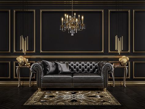 Classic black and gold interior Premium ... | Premium Photo #Freepik #photo #interior #sofa #classic #couch Zigarren Lounges, Gold Interior Design, Lux Interior, Gold Rooms, Home Decor Colors, Black Room, Lounge Design, Gold Interior, Gold Decor