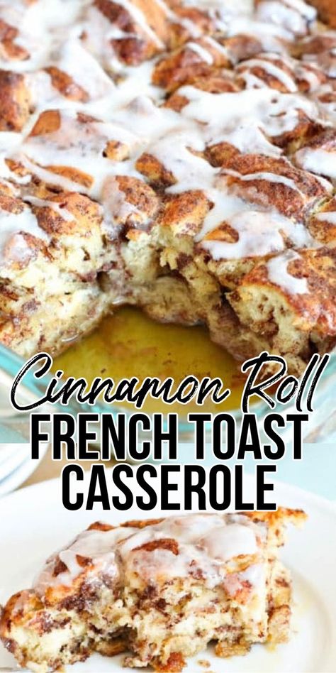 French Toast Casserole in a baking pan Cinnamon Roll French Toast Casserole, Homemade Cinnamon Roll, French Toast Casserole Recipe, French Toast Casserole Easy, Cinnamon Roll French, Cinnamon Roll French Toast, Yummy Casserole Recipes, French Toast Casserole Recipes, Casserole Easy