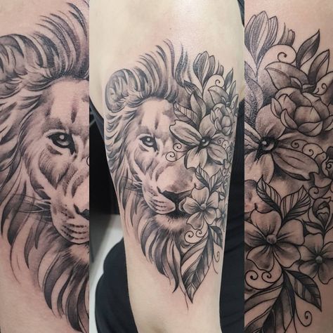 I like the idea of the flowers on half/part of the lion's face, but not the style of this tattoo. Wildflowers Tattoo, Vogel Tattoo, Tier Tattoo, Lioness Tattoo, Kunst Tattoos, Tattoo Magazine, Leo Tattoos, Tattoos For Women Half Sleeve, Flower Sleeve