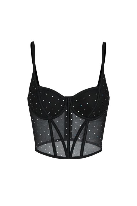 Shine like a star with our Rhinestone Mesh Bustier Lingerie Top! This glamorous piece combines sultry mesh with dazzling rhinestones, creating a dazzling spectacle that's sure to captivate. Whether you're looking to make a statement or add a touch of sparkle to a special occasion, this bustier lingerie top is your go-to choice for radiant confidence. Product code: CAA11B3J014AA Features:  Knit Sweetheart neckline Adjustable cami straps Mesh insert Lightly lined Rhinestones/Faux gems Binding  Lon Rhinestone Bustier Top, Rhinestone Bustier, Rhinestone Lingerie, Bustier Lingerie, Shine Like A Star, Swimwear Beach, Bustier Top, Beach Look, Beach Dresses