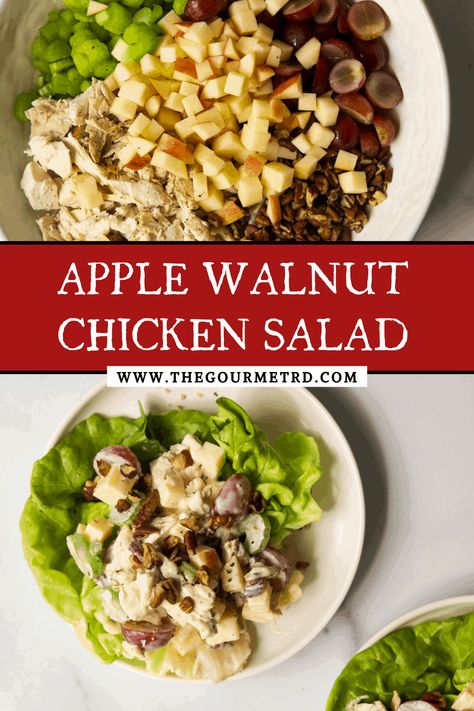 Waldorf chicken salad with rotisserie chicken, celery, grapes, honeycrisp apples and walnuts tossed in a creamy yogurt dressing. It'll be your new favorite, I'm sure of it. Chicken Salad Recipe With Walnuts And Apples, Chicken Apple Walnut Salad, Apple Walnut Chicken Salad, Apple Chicken Salad, Chicken Celery, Waldorf Chicken Salad, Walnut Chicken Salad, Walnut Chicken, Chicken Salad With Grapes