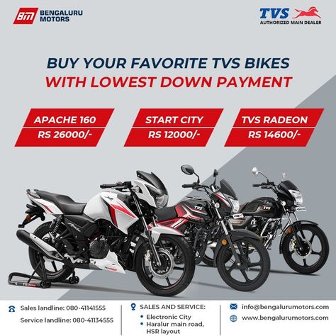 Buy your favorite TVS Bike & Scooter with a Lowest Down Payment at Bengaluru Motors today!

Visit Now: www.bengalurumotors.com
Sales No.080-41141555
Sales No.6366253111
Service No. 080- 41134555
Service No. 9606289595
Email: Bengalurutvs@gmail.com


#BikeService #Offer #Discount #TVSBike #TVSScooter #TVSMotorCompany #Bangalore Tvs Bike, Bike Poster, Social Media Advertising Design, Down Payment, Bike Design, Web Development Design, Advertising Design, Media Post, Bangalore