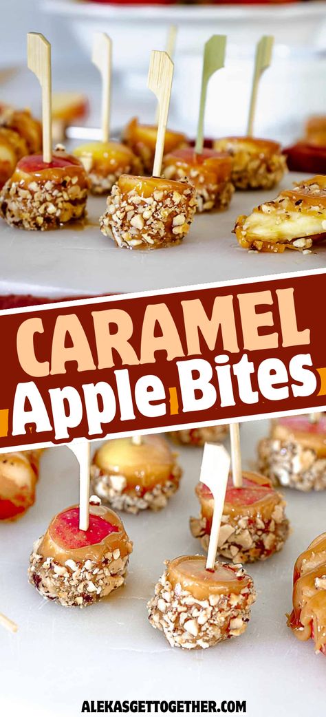 Mini Candy Apples, Apple Bites Recipe, Caramel Apple Bites, Easy Dessert Idea, Apple Bites, Finger Food Desserts, Finger Desserts, Mini Caramel Apples, Candy Apple Recipe