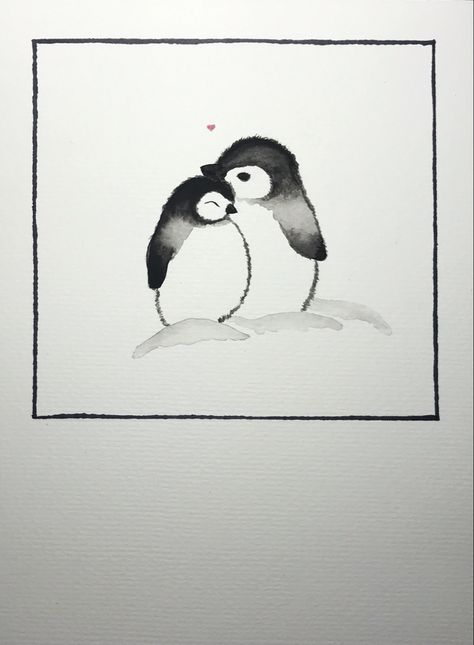 Penguins In Love Drawing, Xmas Cards Diy, Penguin Watercolor, Bird Painting Acrylic, Watercolor Portrait Painting, Penguin Art, Penguin Love, Belly Painting, Watercolor Tips