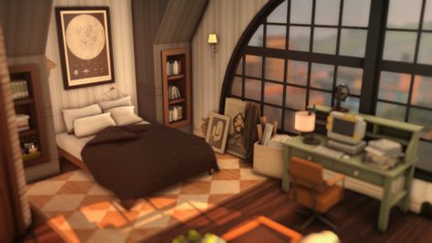 Sims 4 House With Attic, Sims 4 Writers Apartment, Sims 4 Cc Lots Apartment, Sims 4 Attic, Cozy Attic, Decals Codes, Play Sims 4, Sims Houses, Attic Loft