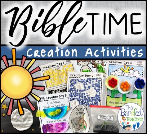 Back to School Bible Curriculum: The 7 Days of Creation Story Units, Lesson Plans, & Activities | The Barefoot Teacher Creation Sensory Activities, Creation Bible Lessons, Creation Activities, 7 Days Of Creation, Creation Bible, Days Of Creation, Homeschool Education, Story Activities, Creation Story