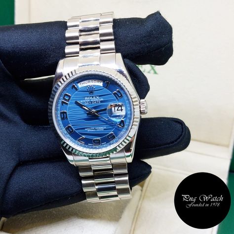 Rolex 118239 18K White Gold Blue Wave Arabic Dial Day-Date! Blue Waves, Time Piece, Rolex, White Gold, Gold, Blue, White