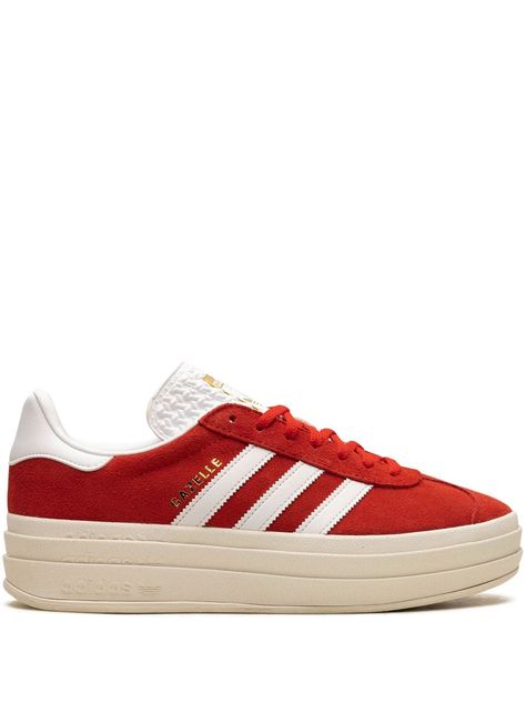 cardinal red/optical white calf suede signature 3-Stripes logo logo-print tongue branded insole round toe front lace-up fastening platform sole Red Gazelle, Adidas Platform Sneakers, Red Tennis Shoes, Red Adidas Shoes, Adidas Gazelle Bold, Gameday Outfits, Gazelle Bold, Bold Shoes, Red Platform