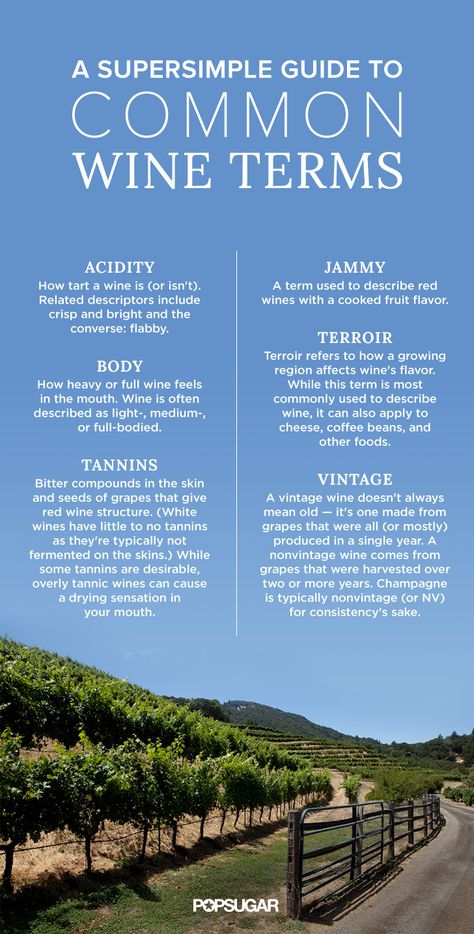 Hearing words like "tannins" and "oxidation" may make you feel like you're back in chemistry class, but they're oh so important to the wines we enjoy on the regular. Don't let them intimidate you, though — getting familiar with wine's most common terms can be as easy as pouring a glass of red at the end of a long day. Brush up on these words, and you'll be moving past "sweet" and "dry" in no time so that when you go wine tasting again, you'll be the pro with all the insider knowledge. Beer Calories, Wine Terms, Traveling Vineyard, Wine Facts, Wine Flavors, Wine Knowledge, Chemistry Class, Wine Education, Wine Tasting Party