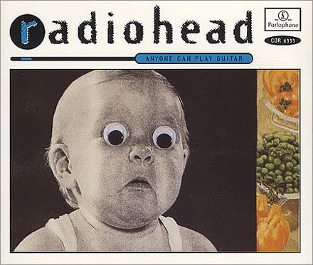 40. Radiohead: 'Anyone Can Play Guitar' (1993) -   For a band with such a serious image this wacky cover from 1993 is something of an anomaly for Radiohead. The shocked looking baby with plastic eyes was part of an ongoing theme for Oxford's finest at the time  - the album cover to 'Pablo Honey' also features a baby's head. Anyone Can Play Guitar Radiohead, Radiohead Magazine, Punk Album Covers, Radiohead Albums, Pablo Honey, The Specials, Rare Vinyl Records, Aphex Twin, Play Guitar