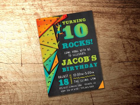 Rock Climbing Birthday Party Invitations, Rock Climbing Birthday, Rock Climbing Party, Invitation Party, Chalkboard Background, 9th Birthday, Thank You Tags, 10th Birthday, 8th Birthday