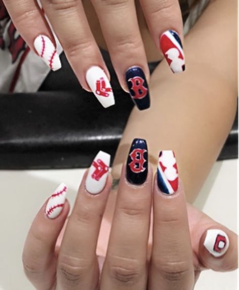 Boston Nails Designs, Boston Red Sox Nails, Boston Nails, Red Sox Nails, Sporty Nails, Baseball Nail Designs, Baseball Nails, Sports Nails, Classic Nails