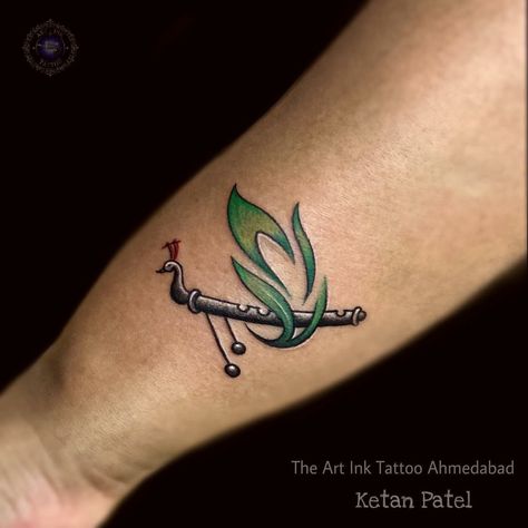 Best tattoo in Ahmedabad theartinktattoo Tattoo Designs For Wrist Women, Tattoo Ideas Female Lord Krishna, Kanha Ji Tattoo Design, Krishna Tatoos Tattoo Ideas, Morpankh Tattoo Small, Flute Tattoo Small, Woman Wrist Tattoo Ideas, Flute And Feather Tattoo, Flute Tattoo Designs For Women