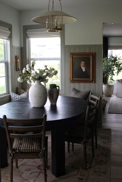 Dining Room Vertical Shiplap, Etheral Mood Sherwin, Vertical Shiplap Dining Room, Sherwin Williams Ethereal Mood, Ethereal Mood Sherwin Williams, Vertical Shiplap Kitchen, Tiny Breakfast Nook, Shiplap Dining Room, Diy Kitchen Nook