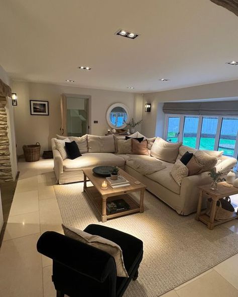 Big Cosy Living Room, Cosy Family Home Floor Plans, Country House Lounge, Modern Country Lounge, Cream Cosy Sofa, Cosy Living Room Fairy Lights, Corner Sofa Cottage Living Room, John Lewis Cosy Sofa, Country Lounge