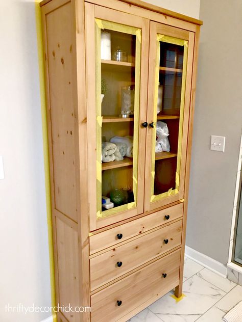 Ikea China Cabinet, Glass Cabinet Makeover, Hemnes Glass Door Cabinet, Ikea Cabinet Hack, Ikea Hemnes Bookcase, Hemnes Cabinet, Cottage Powder Room, Ikea Hemnes Cabinet, Glass Bathroom Cabinet