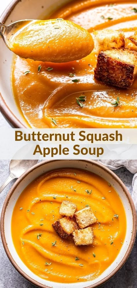 Squash Soup Recipe Easy, Recipe For Butternut Squash, Parmesan Croutons, Squash Apple Soup, Butternut Squash Apple Soup, Butternut Recipes, Healthy Butternut Squash, Butternut Squash Apple, Well Plated