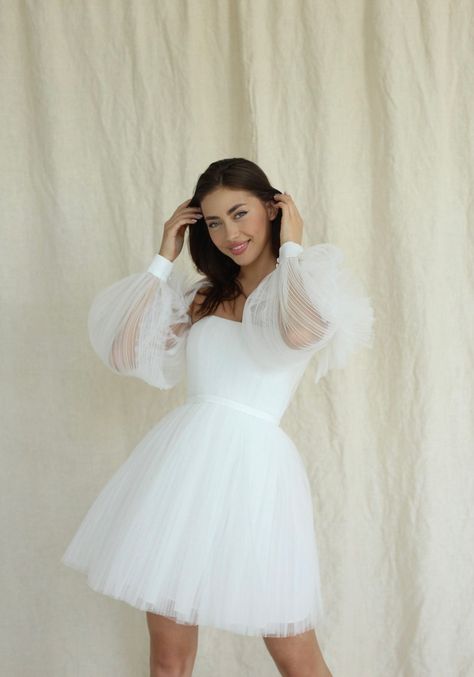 Short Bridal Dresses Long Sleeve, Short Tool Dresses, Mini Wedding Dress With Sleeves, White Mini Dress Wedding, Wedding After Party Dress Short, Second Wedding Dress For Reception, Puffy White Dress, Second Dress For Wedding Reception, Fun Reception Dress