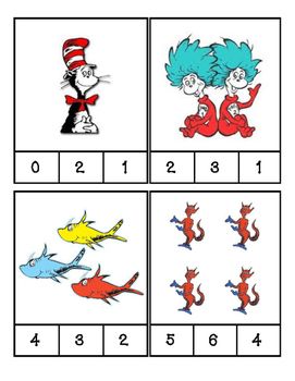 Print on cardstock or paste on construction paper, then laminate to reuse! Students will use clothes pins or dry erase marker to mark the correct number. The young students will use their fine motor skills and one to one correspondence to clip the correct number. Cat In The Hat Math Preschool, Dr Seuss Math Activities Preschool, Dr Seuss Fine Motor Activities, Dr Seuss Preschool Activities Free Printables, Read Across America Preschool, Dr Seuss Math Activities, Dr Seuss Math, Prek Printables, Dr Seuss Preschool Activities