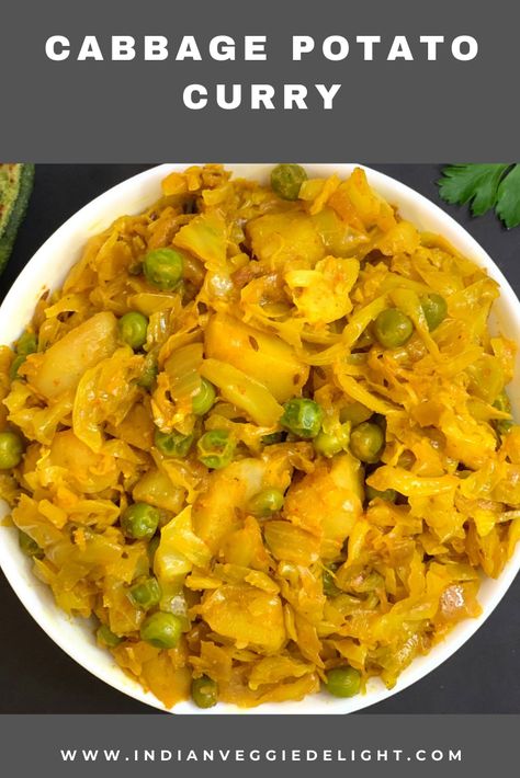 Indian Cabbage Recipes, Vegetarian Cabbage Recipes, Indian Cabbage, Potato And Pea Curry, Cabbage Potatoes, Indian Vegan, Indian Foods, Curry Recipes Indian, Vegetarian Cabbage