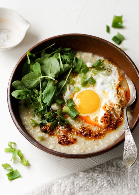 Savory Oatmeal with a Fried Egg and Chili Oil — Eat Cho Food Oatmeal Savory, Spicy Chili Oil, Savory Oats, Savory Oatmeal Recipes, Oatmeal And Eggs, Oatmeal Flavors, Food Savory, Asian Breakfast, Savory Oatmeal